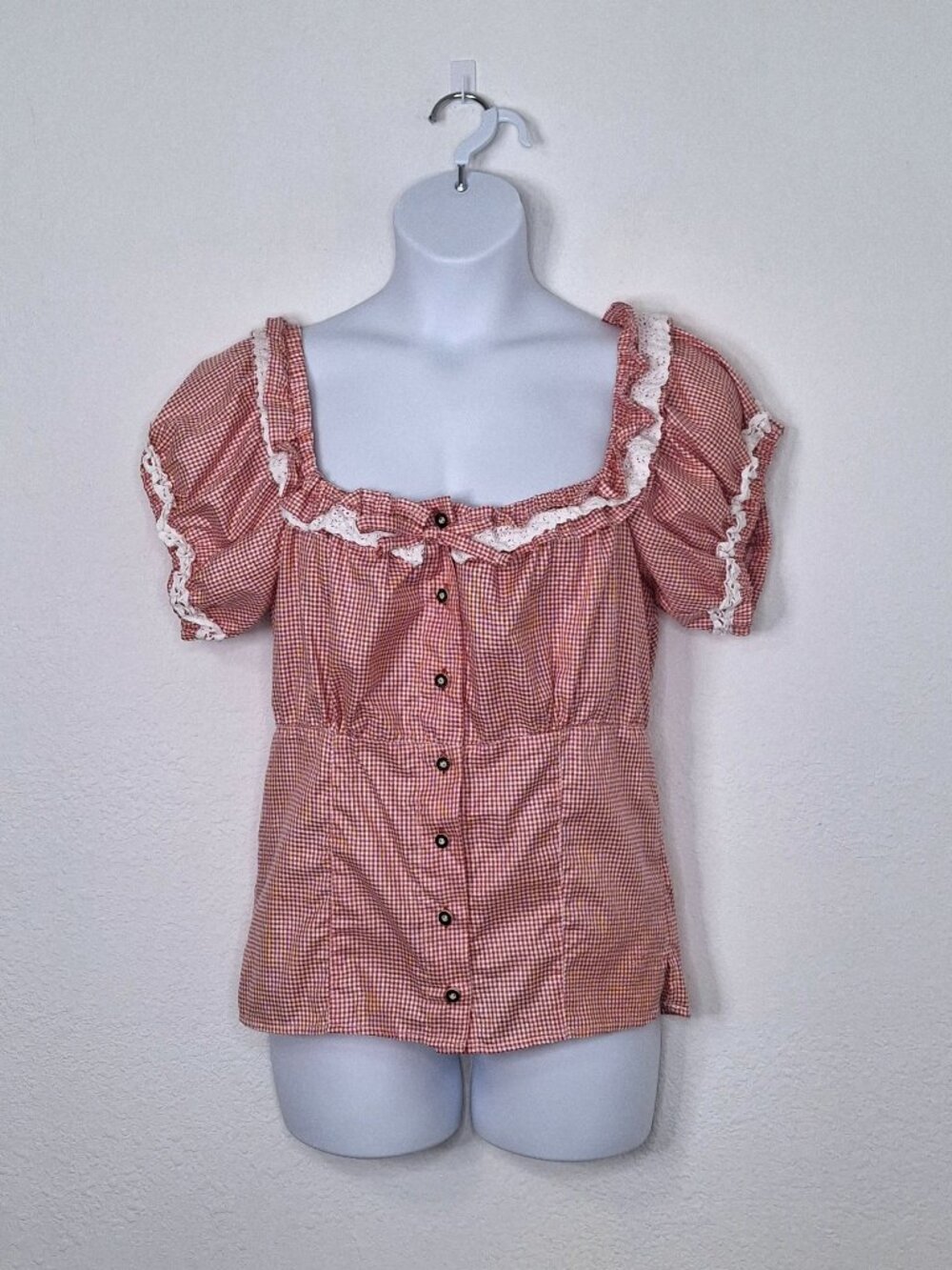 Gingham Peasant Blouse Sz L Cottagecore Coquette Ren Fair Milkmaid Farmhouse